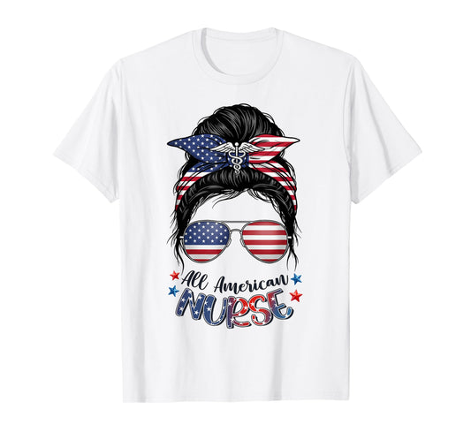 American Flag Patriotic Nurse Messy Bun Fourth 4th of July T-Shirt
