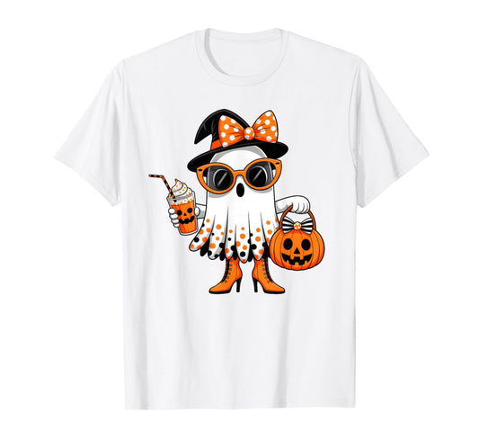Cute Ghost Drinking Coffee Halloween Costume Girls Women T-Shirt