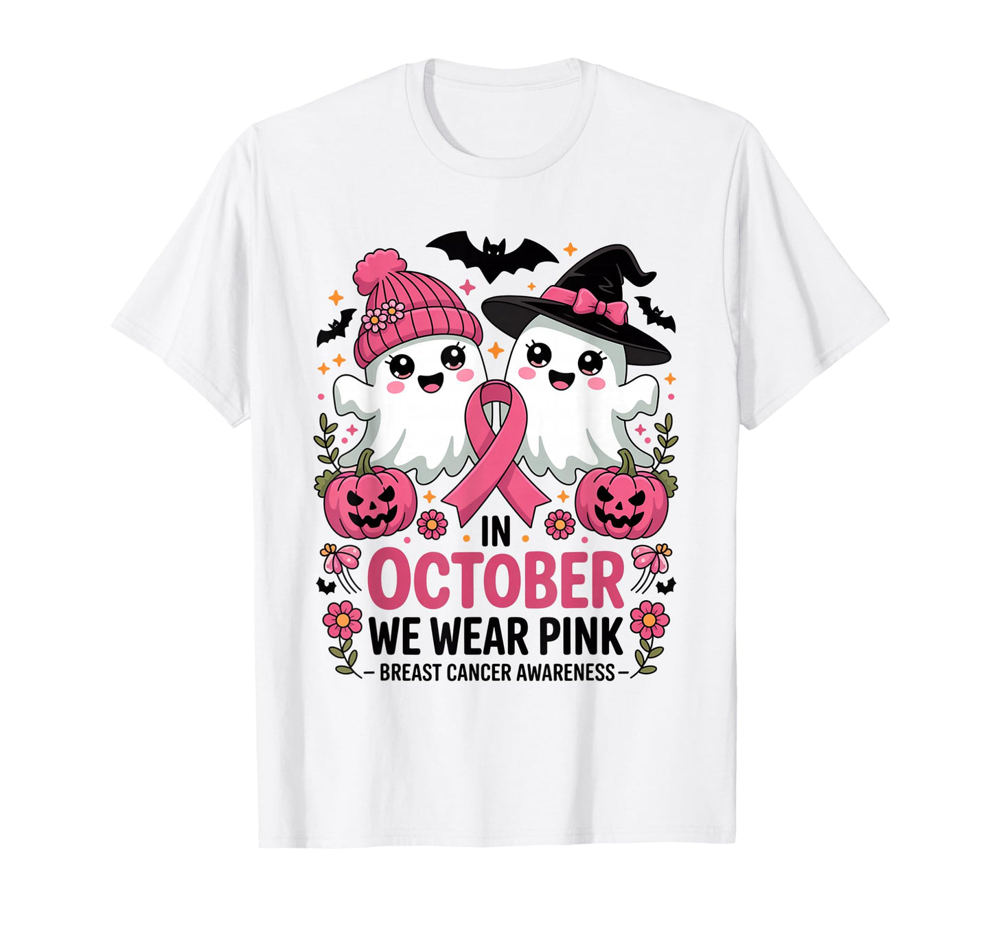 in October We Wear Pink Ghost Witch Breast Cancer Awareness T-Shirt