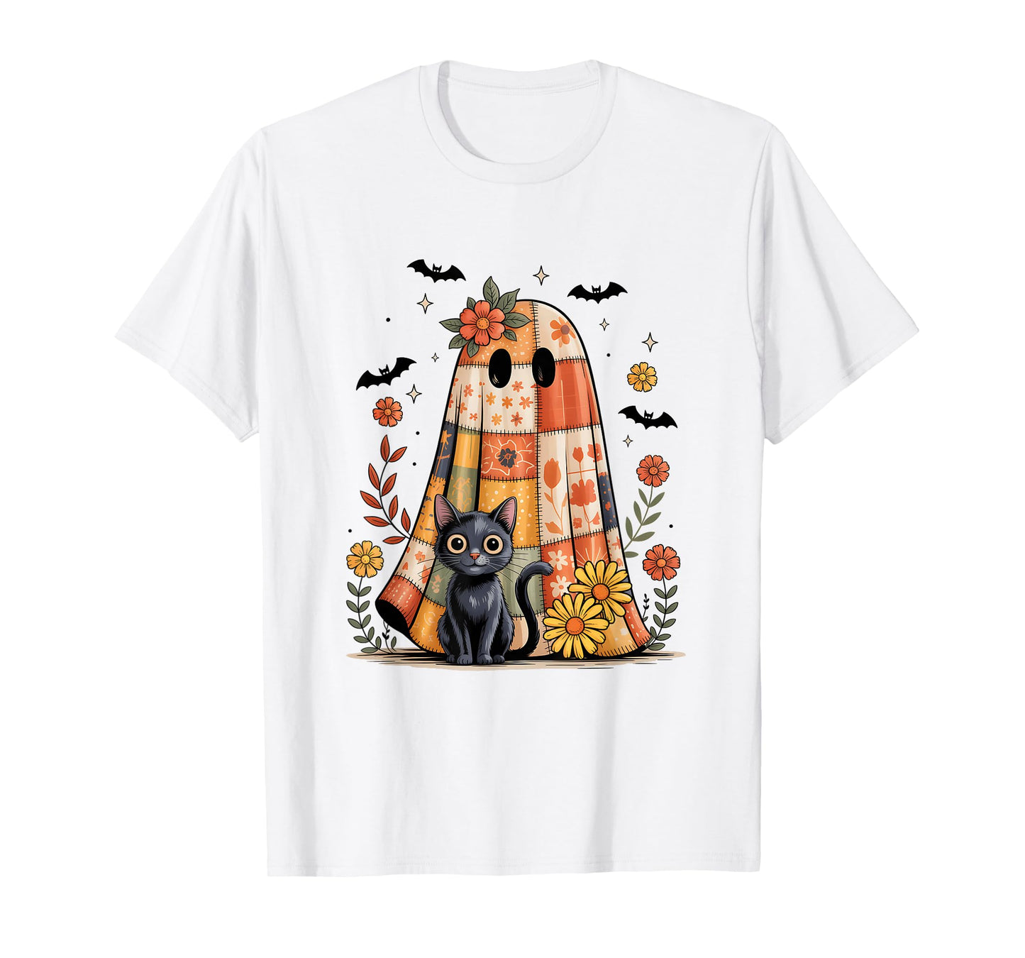 Patchwork Halloween Ghost and Cat Png Retro Spooky Floral T-Shirt