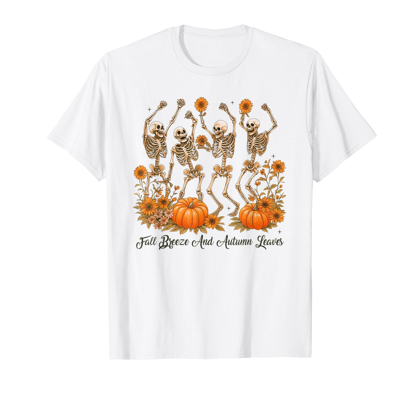Fall Breeze and Autumn Leaves Dancing Skeleton Halloween T-Shirt