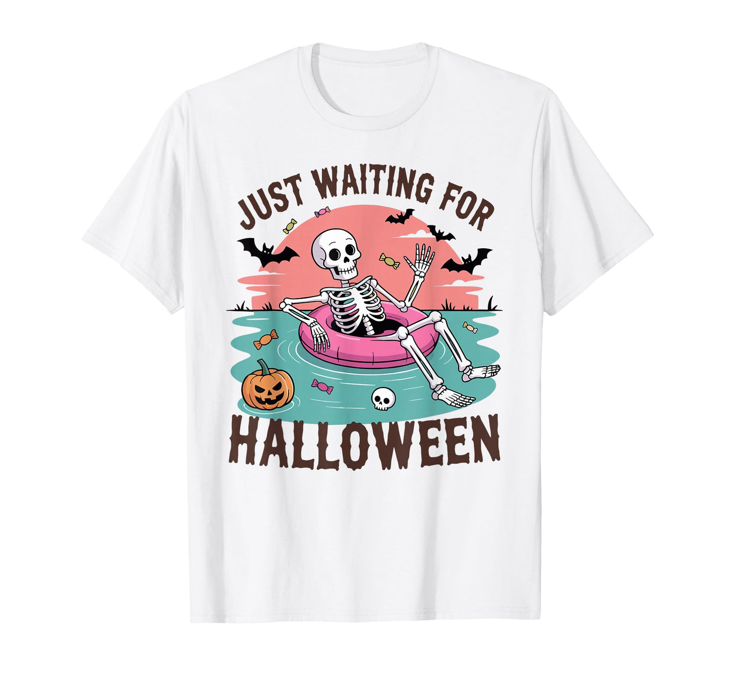 Just Waiting for Halloween Costume Summerween Skeleton Funny T-Shirt