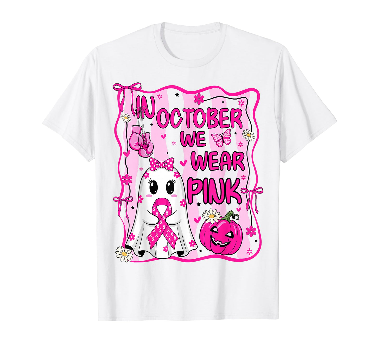 October We Wear Pink Breast Cancer Ghost Halloween Pumpkin T-Shirt