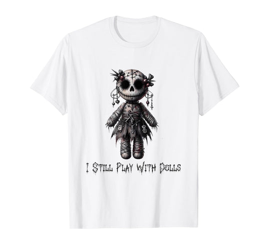 Paper Rose Cottage I Still Play With Dolls, Voodoo Doll Halloween Design T-Shirt, Small, Grey