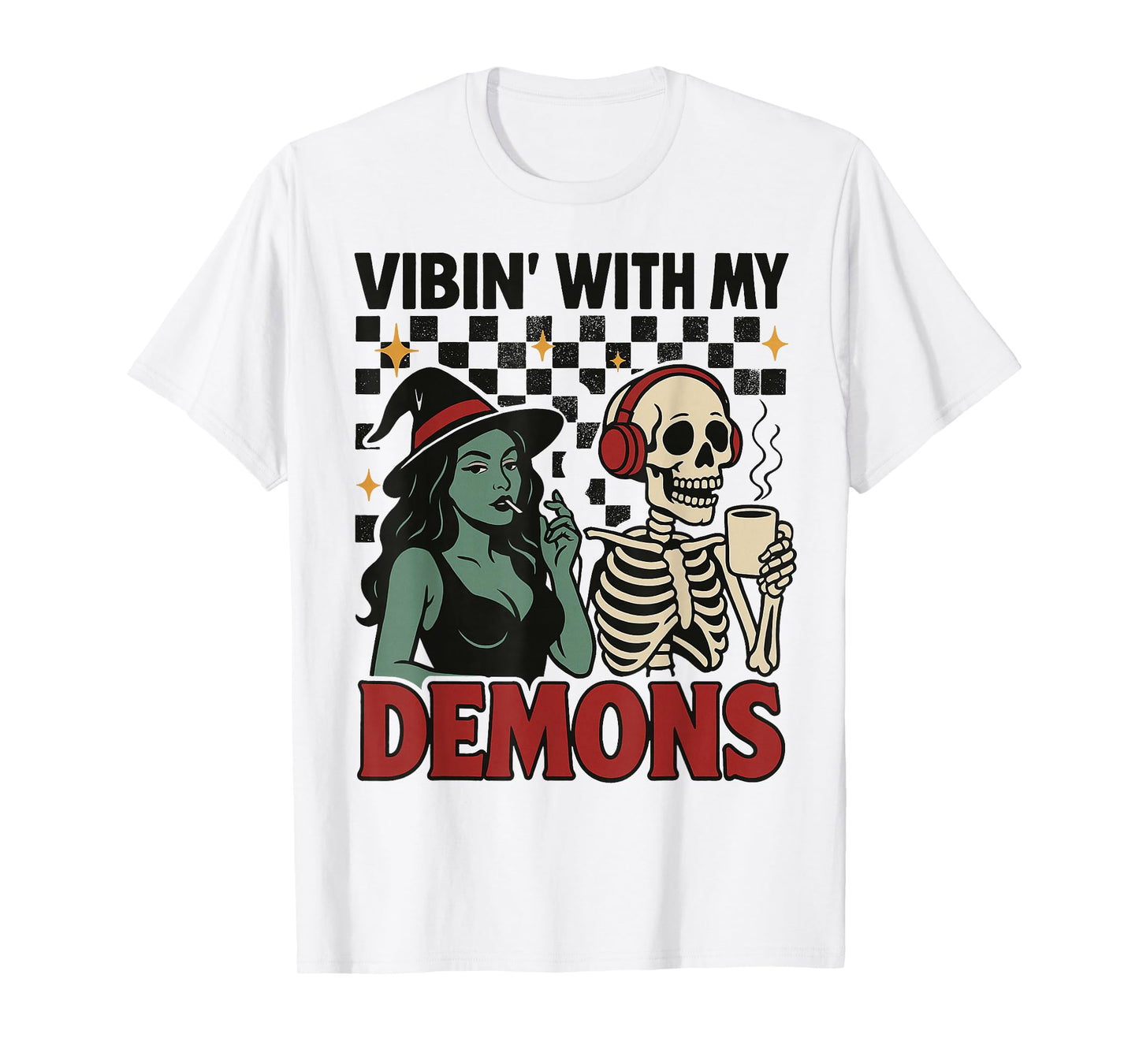 Vibin' with My Demons, Retro Witch and Skeleton Halloween T-Shirt