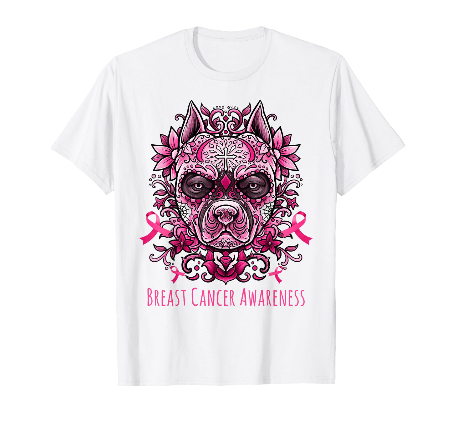 Funny Sugar Skull Pitbull Dog Breast Cancer Day Of The Dead T-Shirt