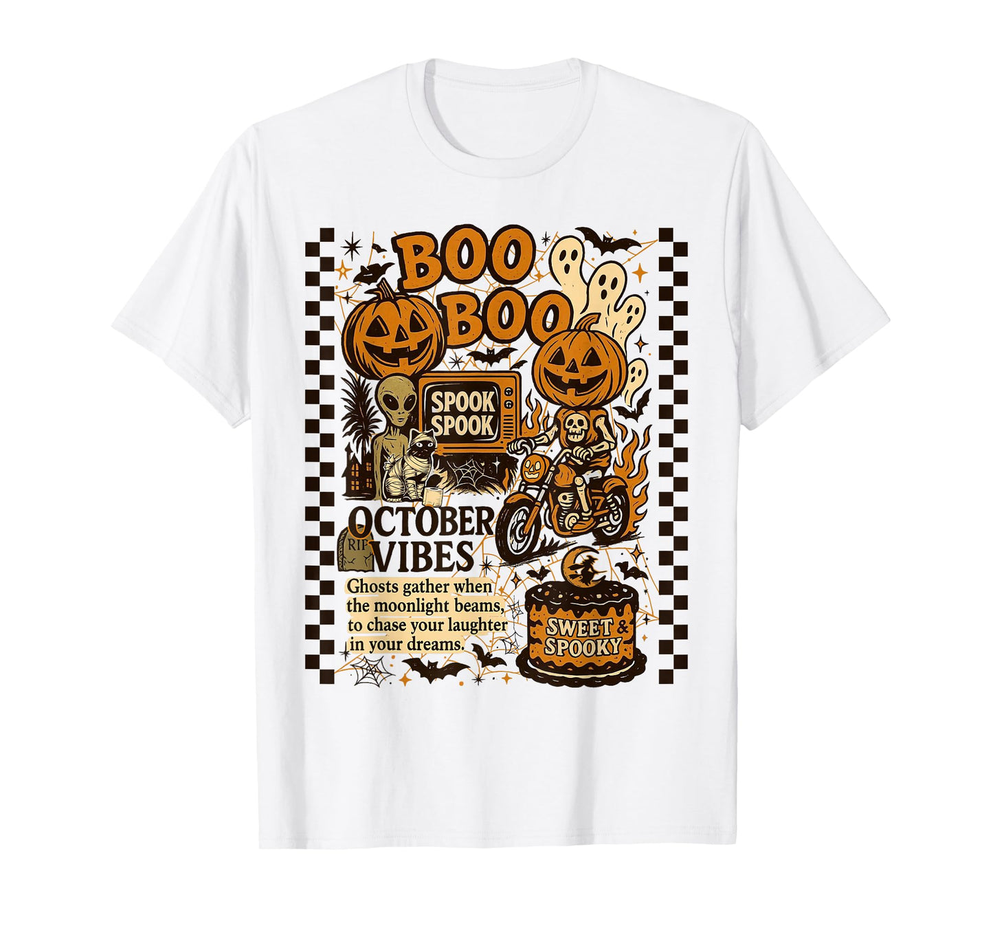 Halloween Retro October with Skeletons Aliens Pumpkins Cats T-Shirt