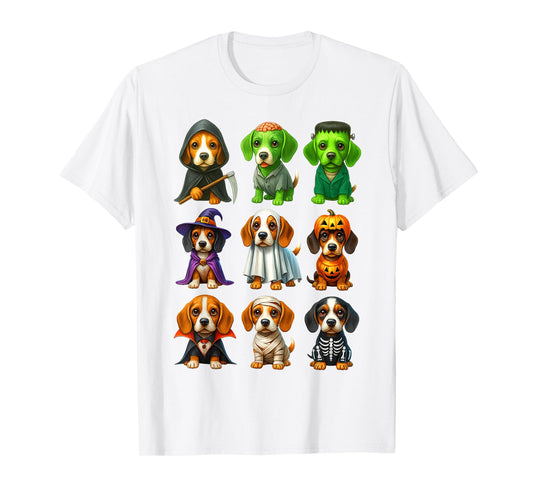 Cute Beagle Dogs Witch Pumpkin Skeleton Costume Halloween T-Shirt