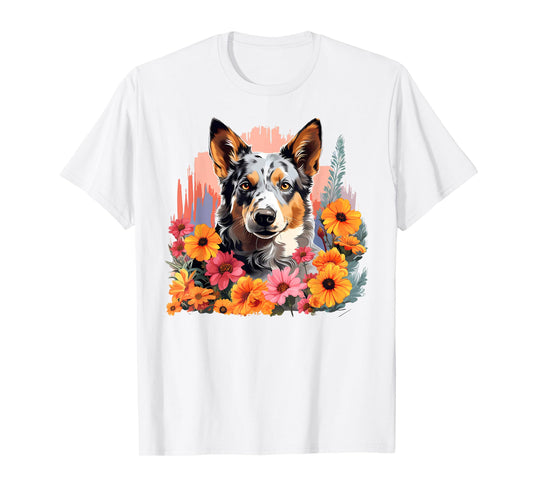 Cute Blue Heeler Spring Flower Garden Australian Cattle Dog T-Shirt