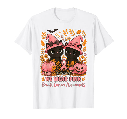 in October We Wear Pink Cats Witches Breast Cancer Awareness T-Shirt