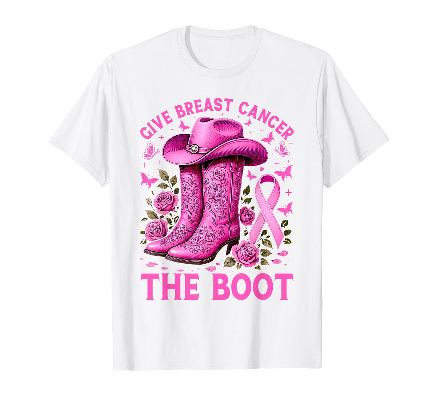 Give Breast Cancer The Boot Cowgirl Cancer Awareness Ribbon T-Shirt