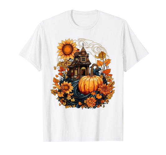 Cottagecore Pumpkins Sunflowers Fall Village Women's Graphic T-Shirt