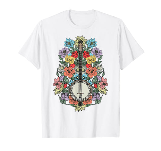 Banjo Flowers Vintage Stringed Bluegrass Folk Floral Design T-Shirt