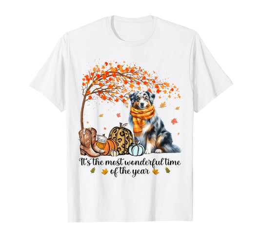 Fall Maple Tree Print Dog Lover Happy Thanksgiving Australian Shepherd Autumn Fall T-Shirt