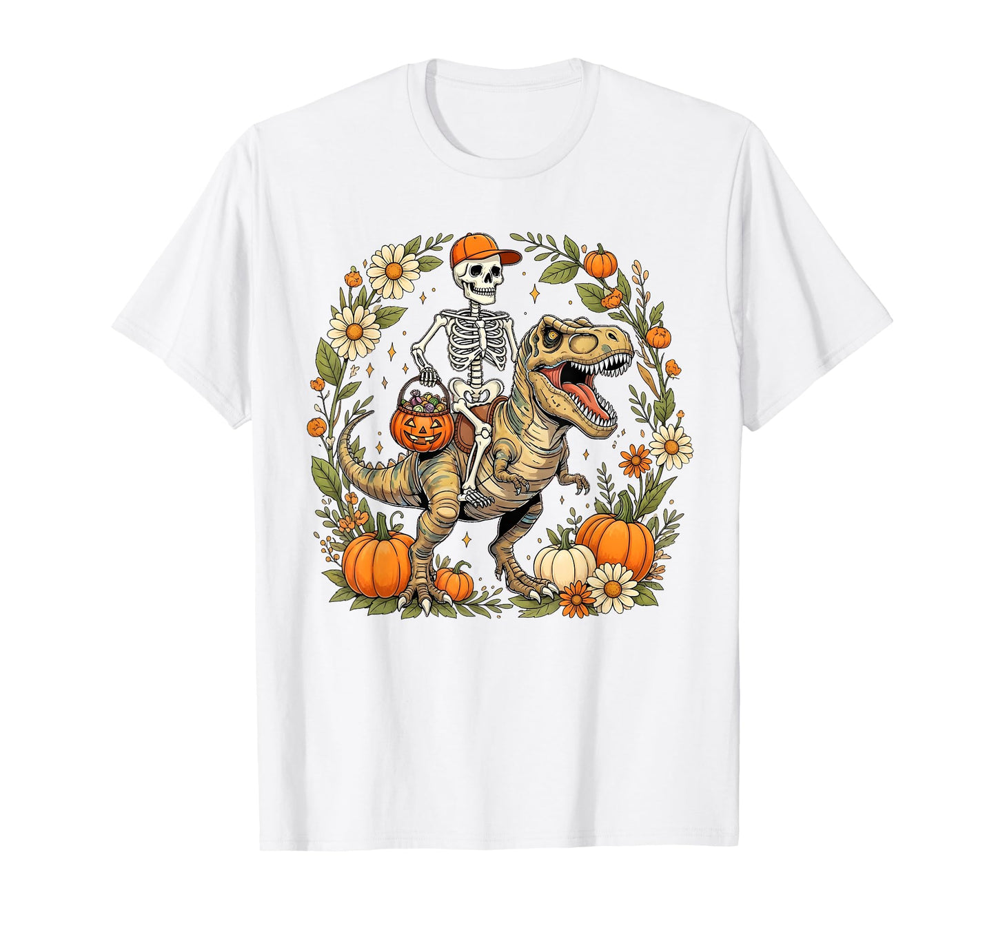 Halloween Skeleton Dinosaur Pumpkin Floral Fall Design Women T-Shirt