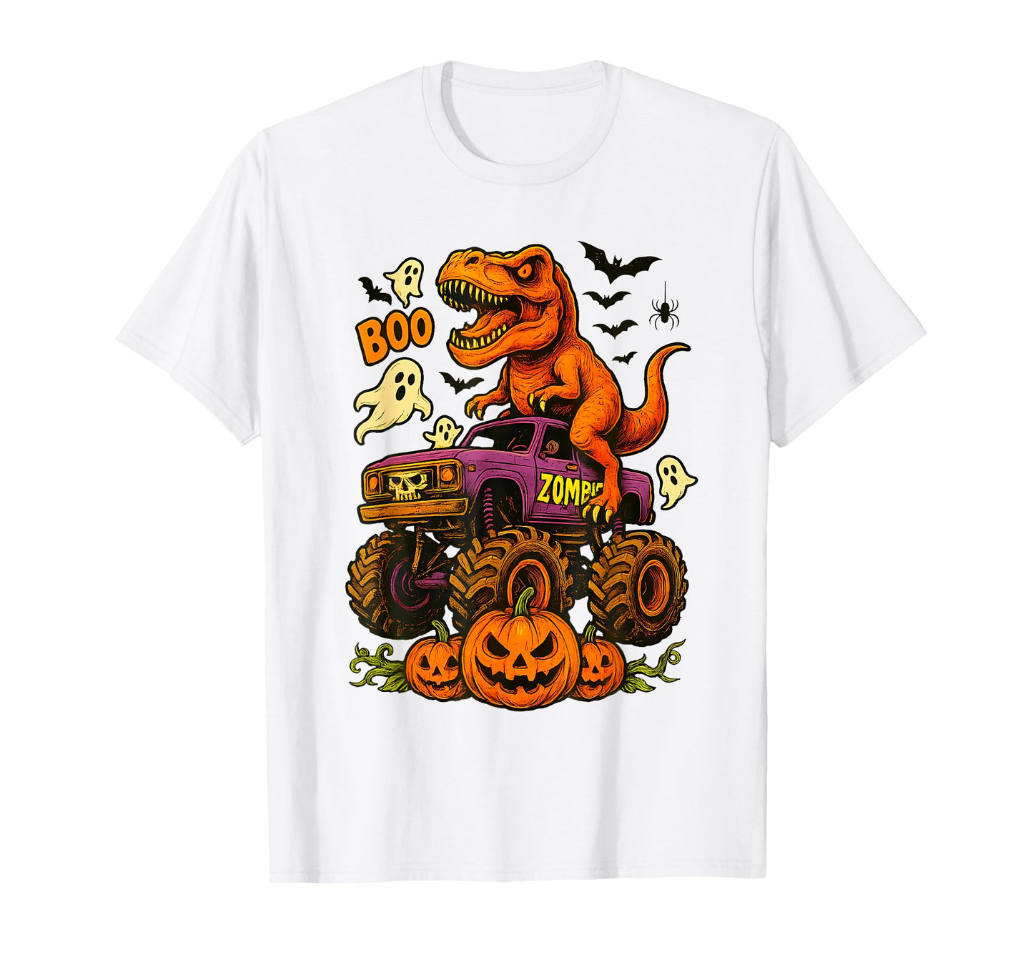 Halloween T Rex Dinosaur Monster Truck Boo Ghost Pumpkin T-Shirt