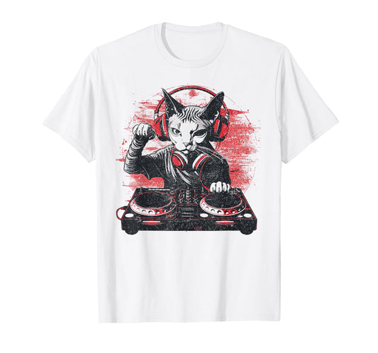 Funny Retro House DJ Sphynx Cat Disco Headphone Tech Sound T-Shirt