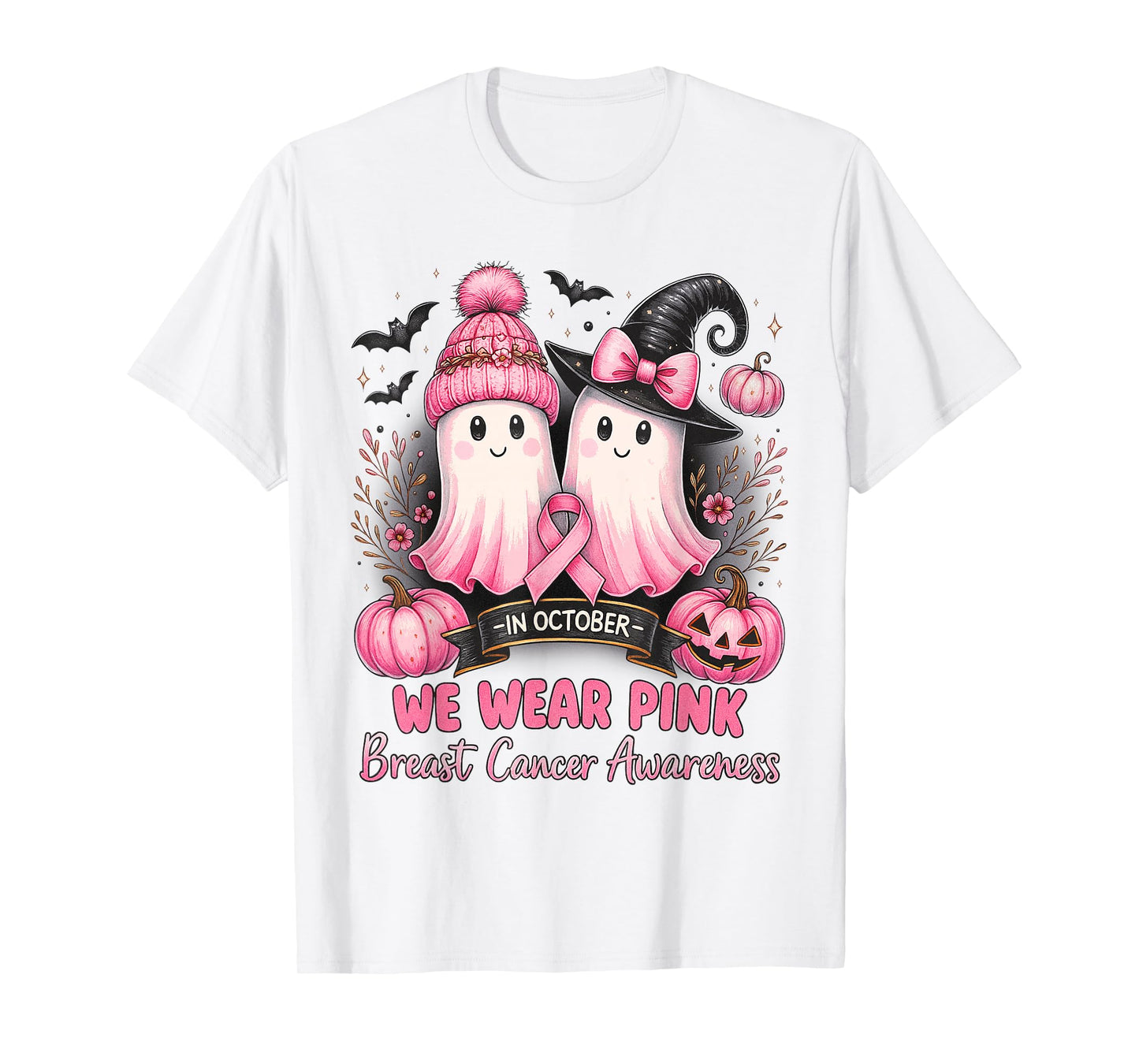 in October We Wear Pink Ghost Witch Breast Cancer Awareness T-Shirt