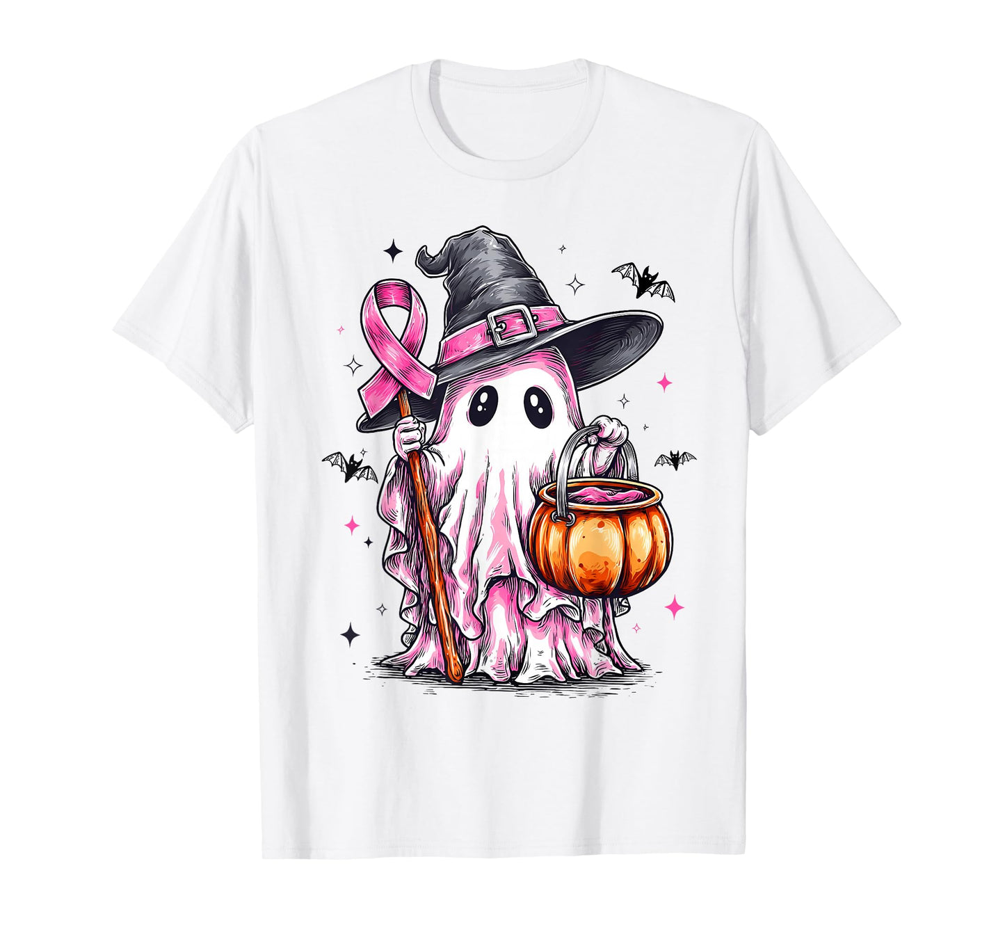 in October We Wear Pink Ghost Witch Breast Cancer Awareness T-Shirt