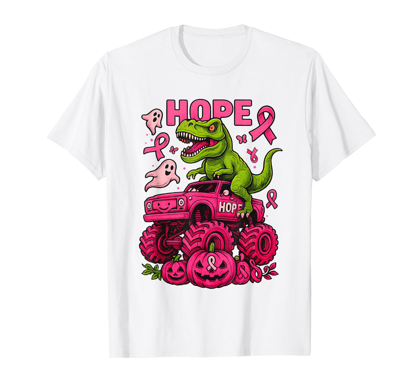 T Rex Dinosaur and Monster Truck Breast Cancer Boo Pumpkin T-Shirt