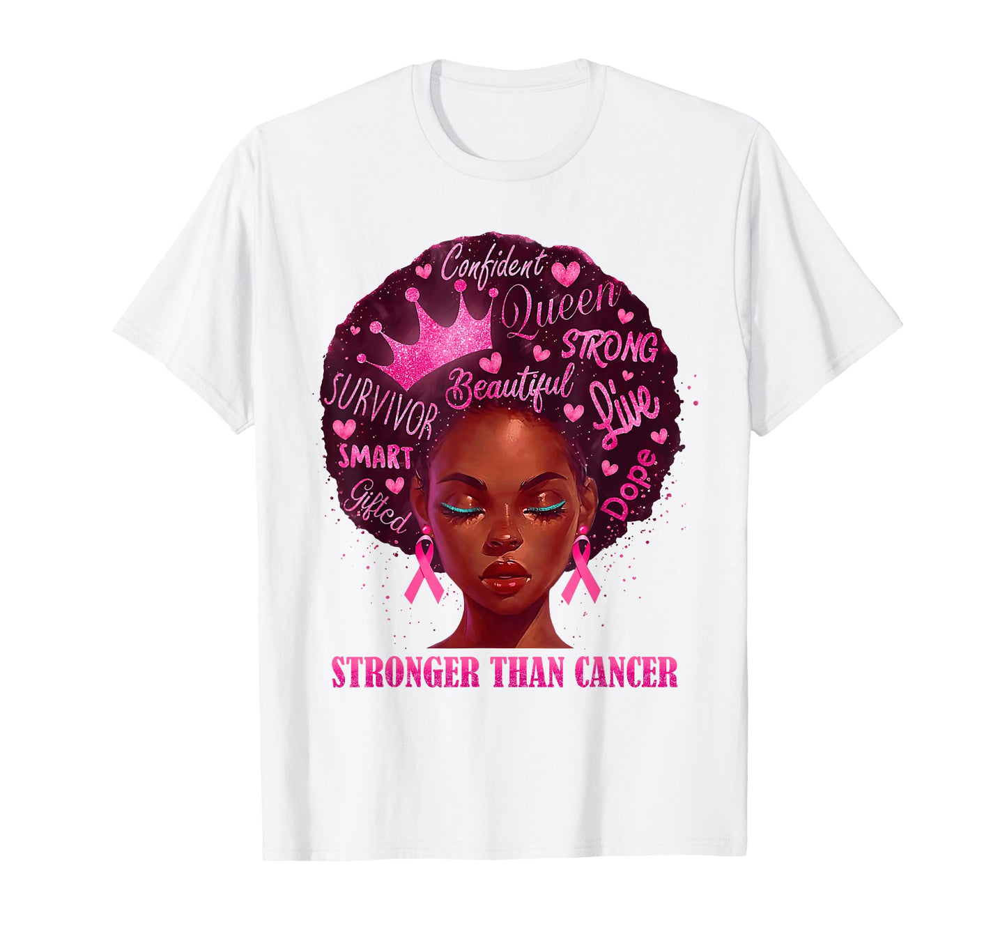 Black Women Queen Stronger Than Breast Cancer Pink Ribbon T-Shirt