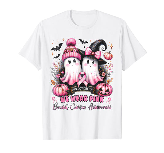in October We Wear Pink Ghost Witch Breast Cancer Awareness T-Shirt