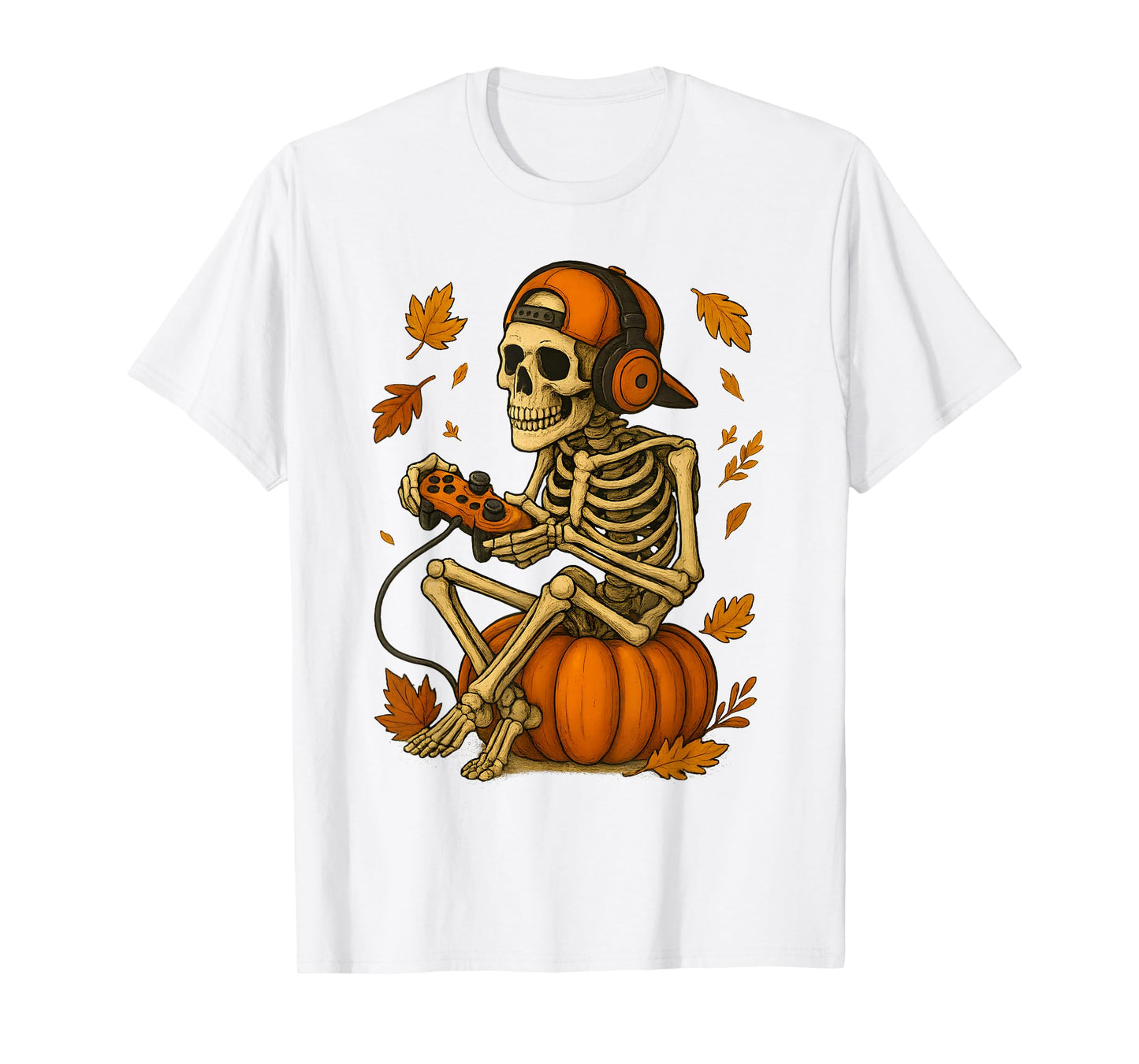 Gamer Skeleton on Pumpkin Fall Vibes Halloween Gaming Video T-Shirt