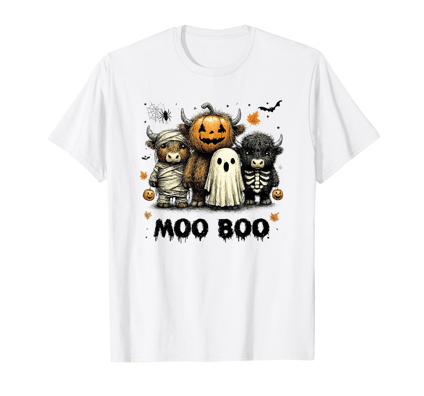 Moo Boo Funny Highland Cows Ghost Mummy Skeleton Halloween T-Shirt