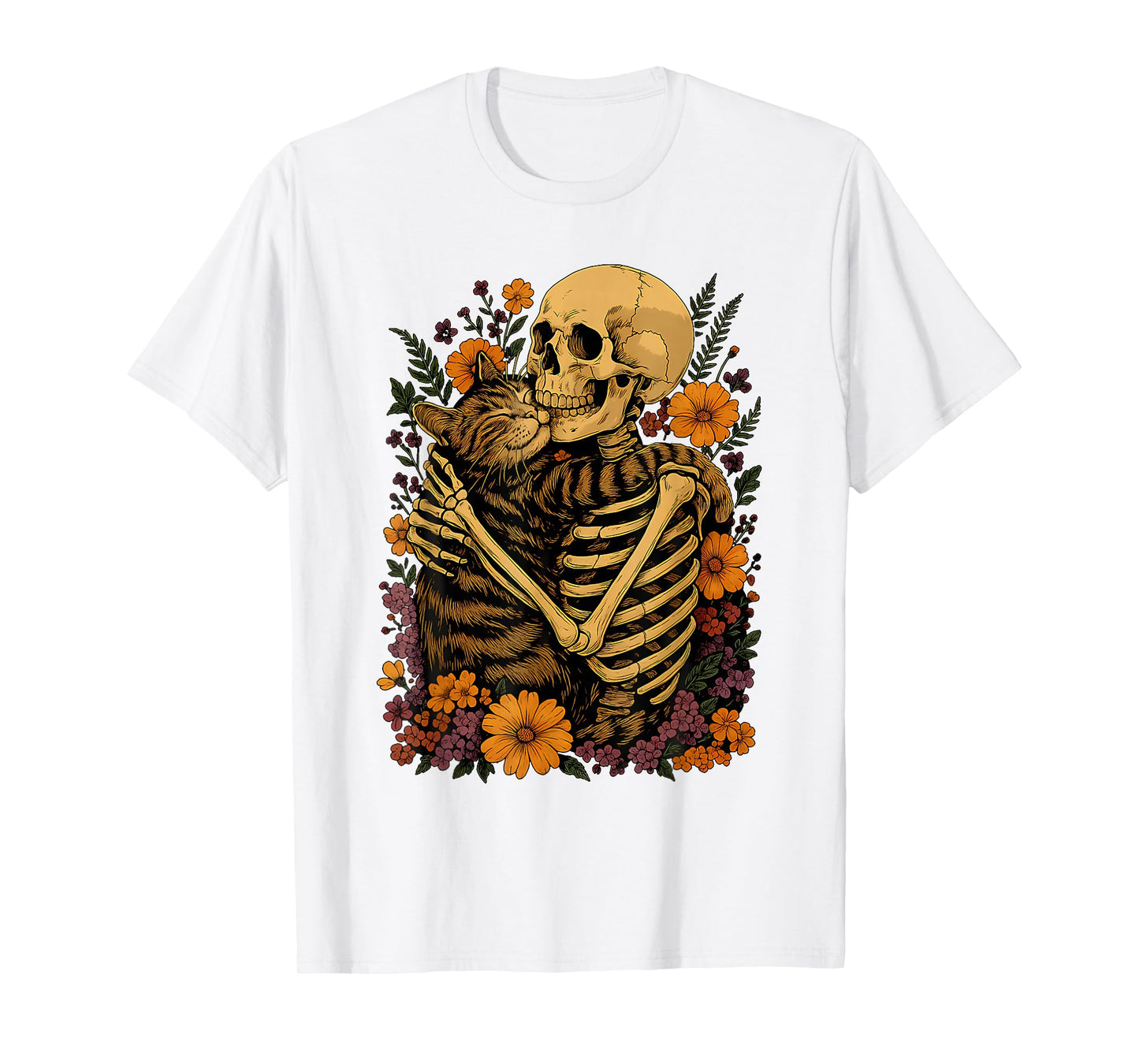 Retro Halloween Skeleton Hugging Cat Floral Cats Lover T-Shirt