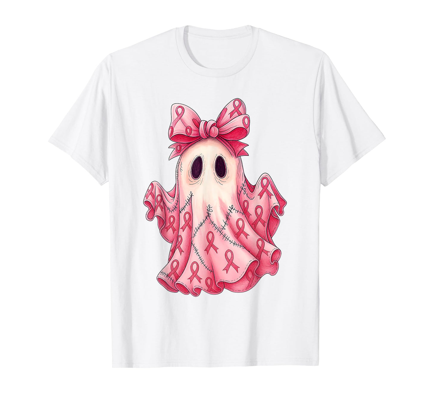 Patchwork Coquette Bow Breast Cancer Ghost Halloween Denim T-Shirt