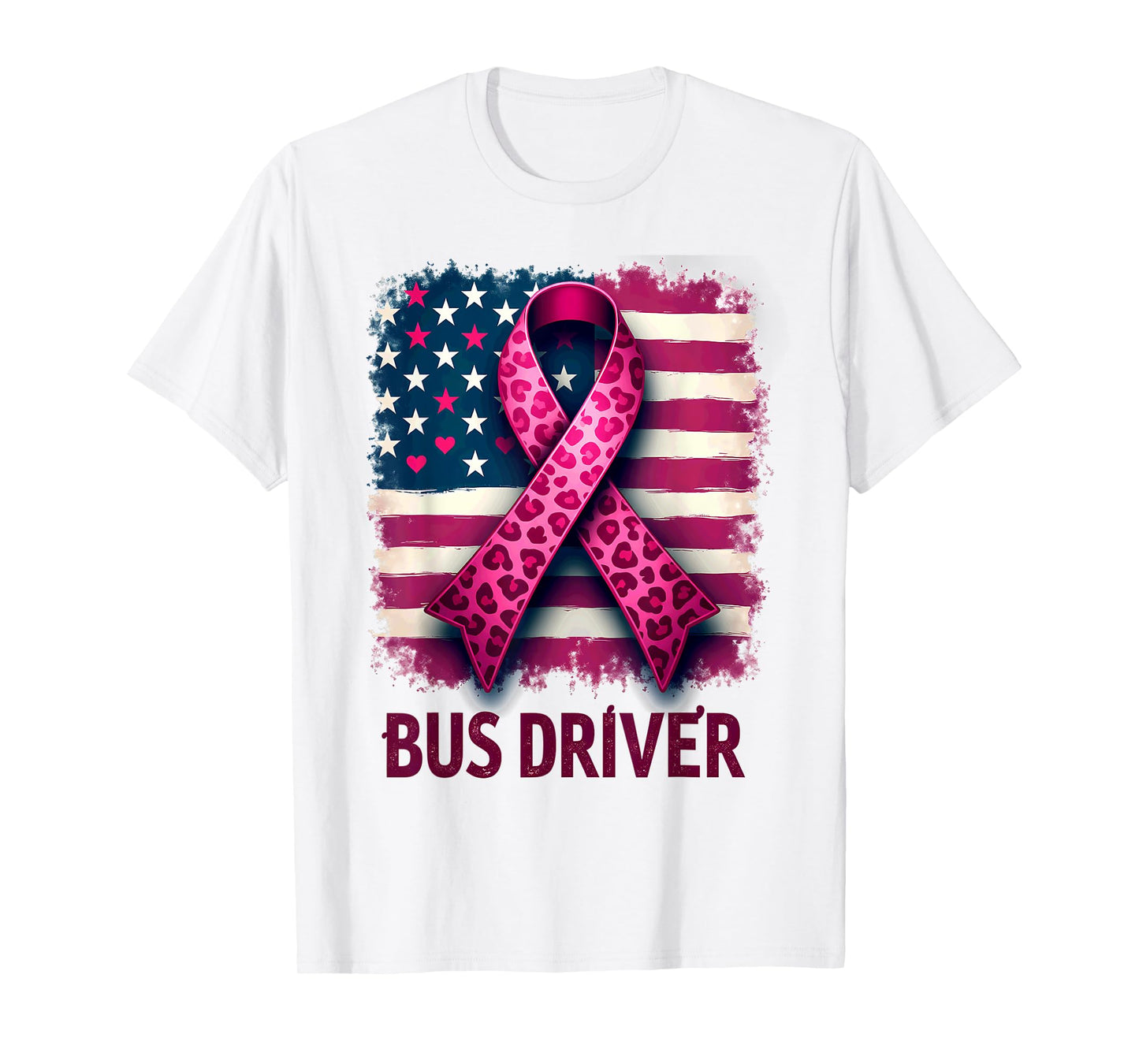 Bus Driver US Flag Pink Ribbon Breast Cancer Awareness T-Shirt