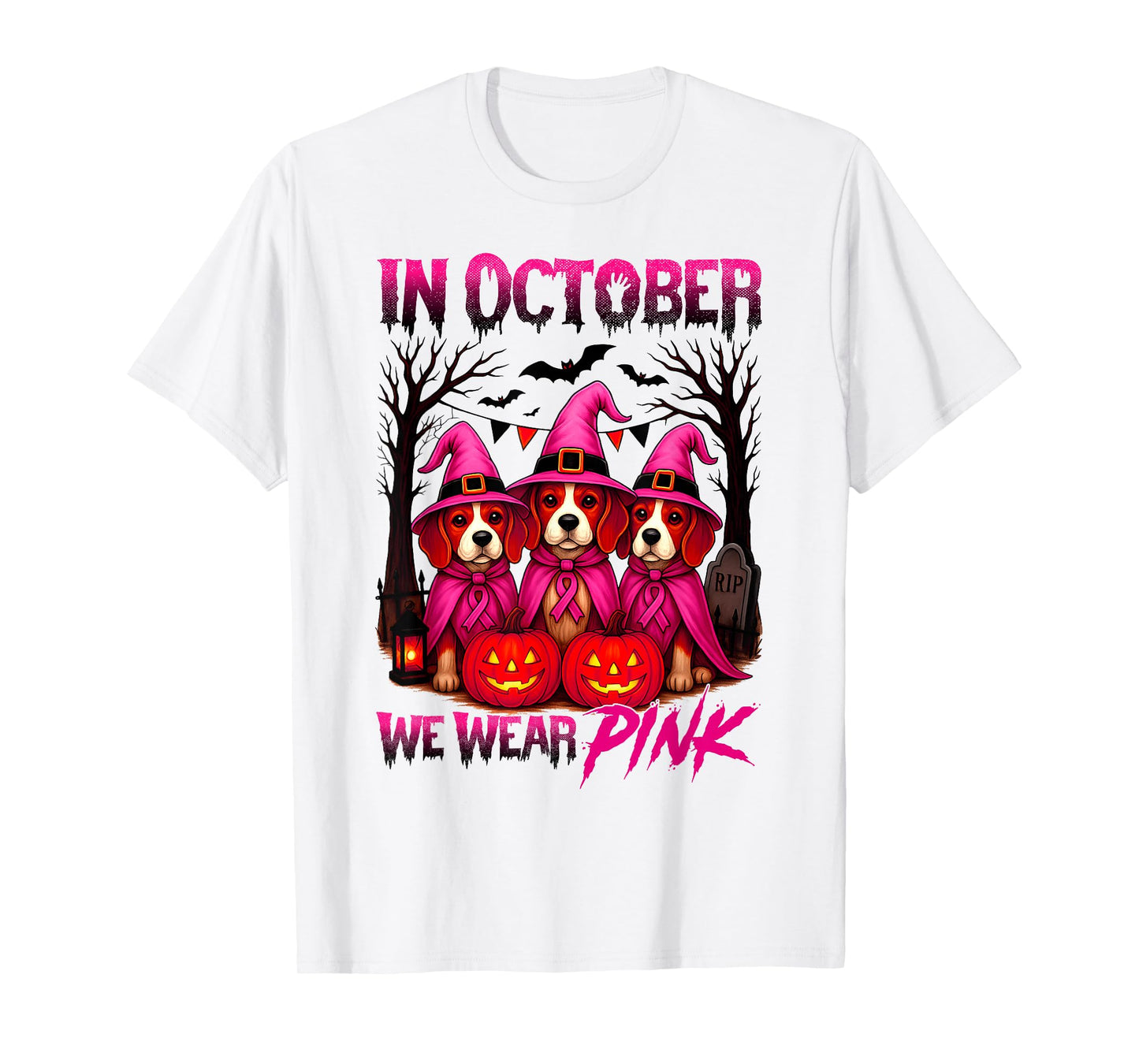 in October We Wear Pink Breast Cancer Halloween Beagle Dogs T-Shirt
