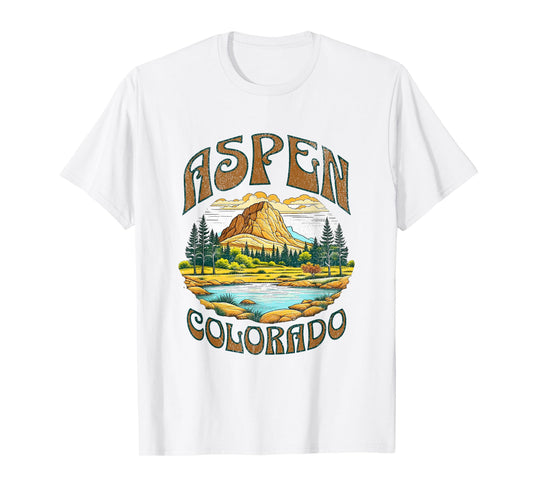 Aspen Colorado USA Outdoor Vintage Unisex-Adults, Kids White Cotton 65%, Polyester 35% Classic Fit Short Sleeve T-Shirt