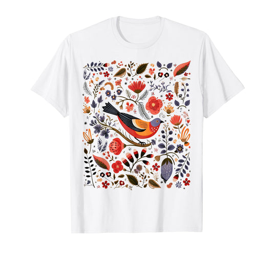 Cottagecore Nordic Bird Wildflower Scandinavian Folk Art T-Shirt