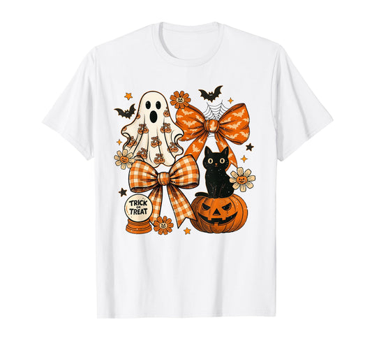 Coquette Ghost Pumpkin Halloween Black Cat Spooky Season T-Shirt