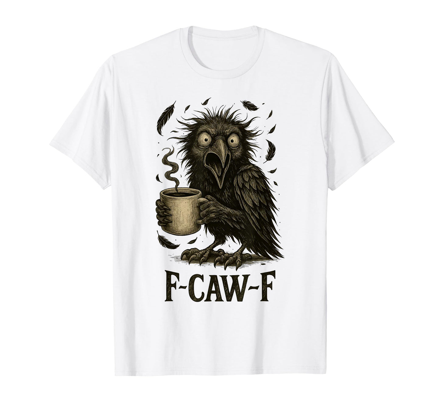 FCawF Vintage Black Crow - Funny Tired Bird Drinking Coffee T-Shirt