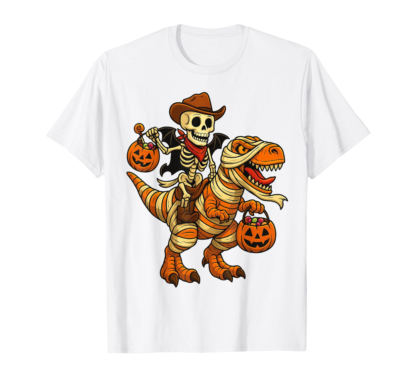 Skeleton Riding Mummy Dinosaur T rex Halloween Funny Pumpkin T-Shirt
