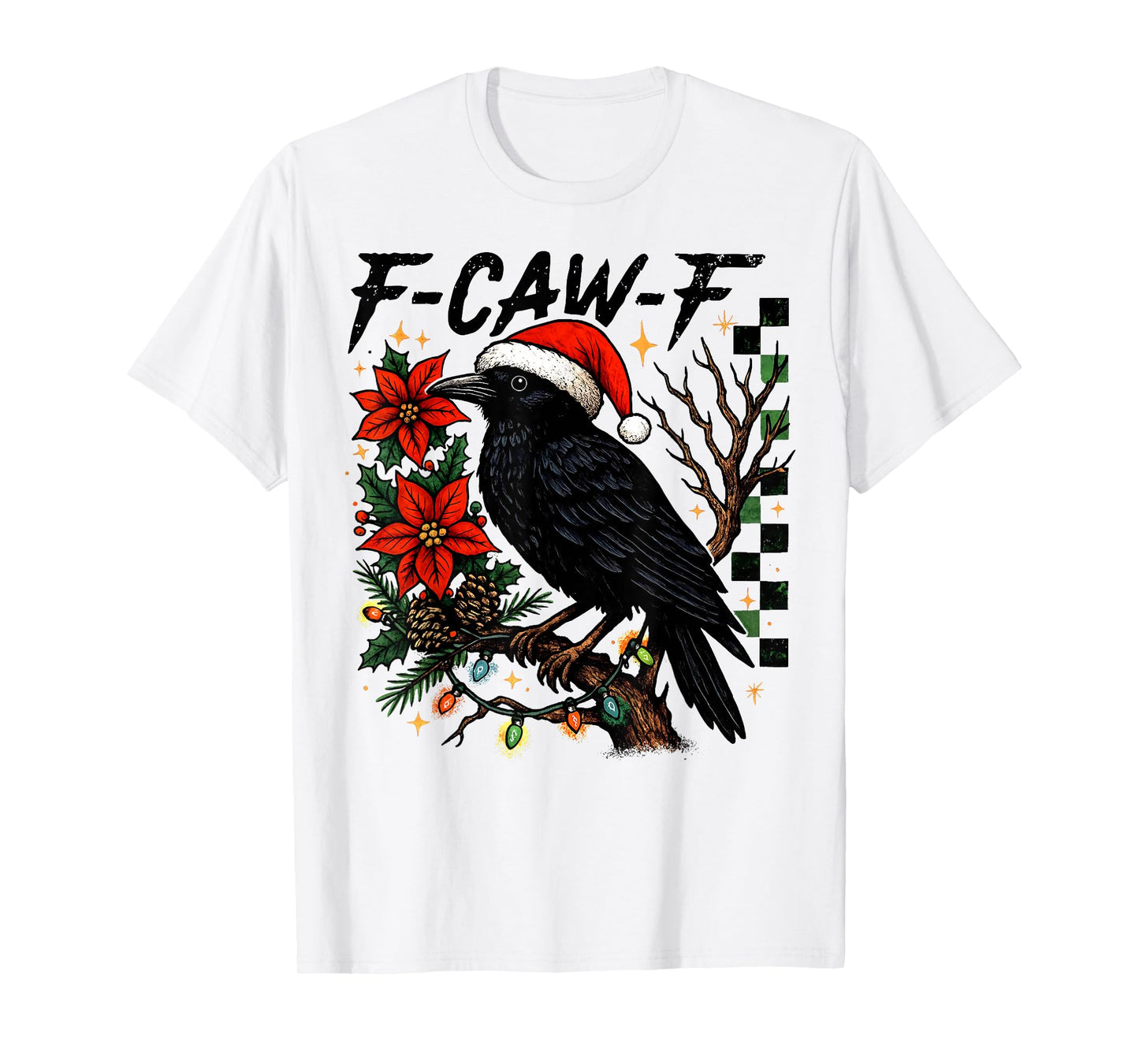 Black Crow F-Caw-F Funny Retro Christmas Lights Santa Hat T-Shirt