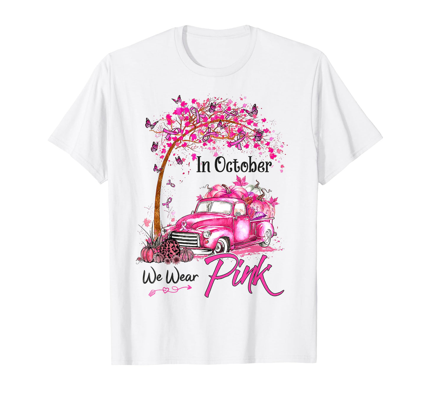 In October We Wear Pink Car Pumpkin Breast Cancer Halloween T-Shirt