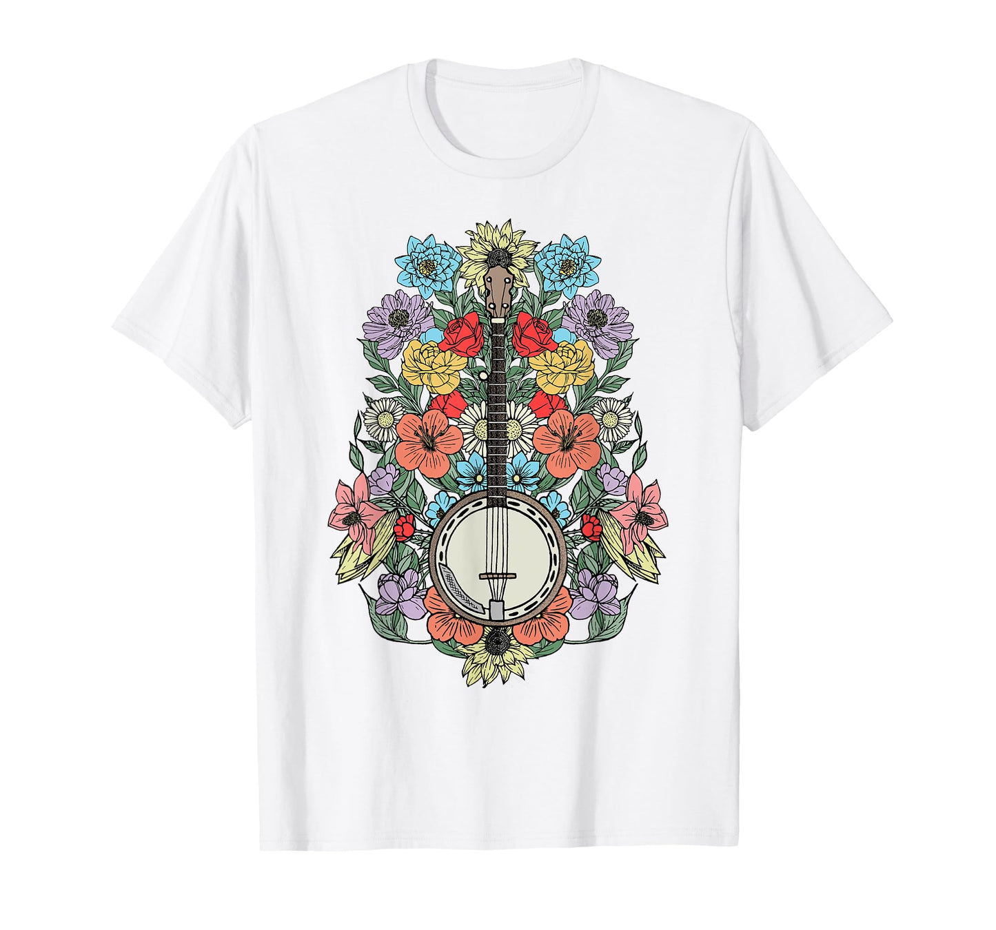 Banjo Flowers Vintage Stringed Bluegrass Folk Floral Design T-Shirt