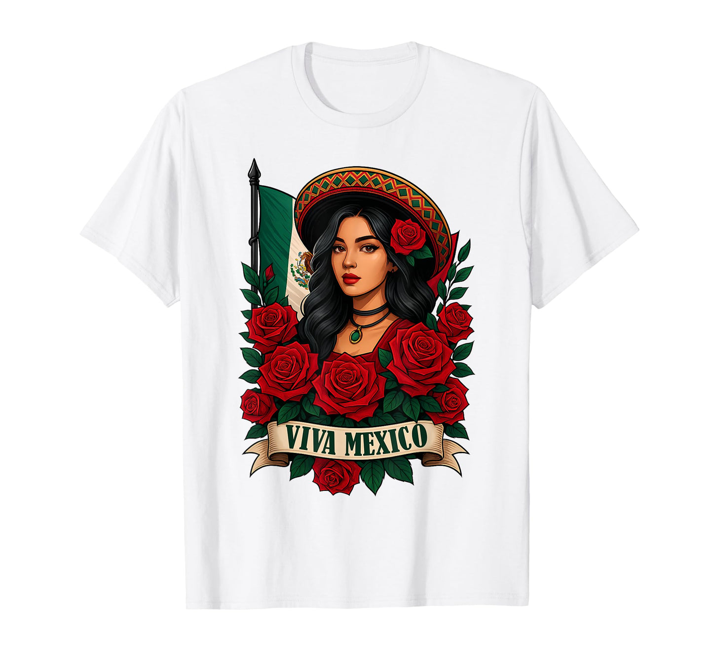 Viva Mexico Independence Day Roses Mexican Flag Women Girls T-Shirt