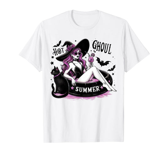Funny Halloween Witch Hot Ghoul Summer Witchy Cat Womens T-Shirt
