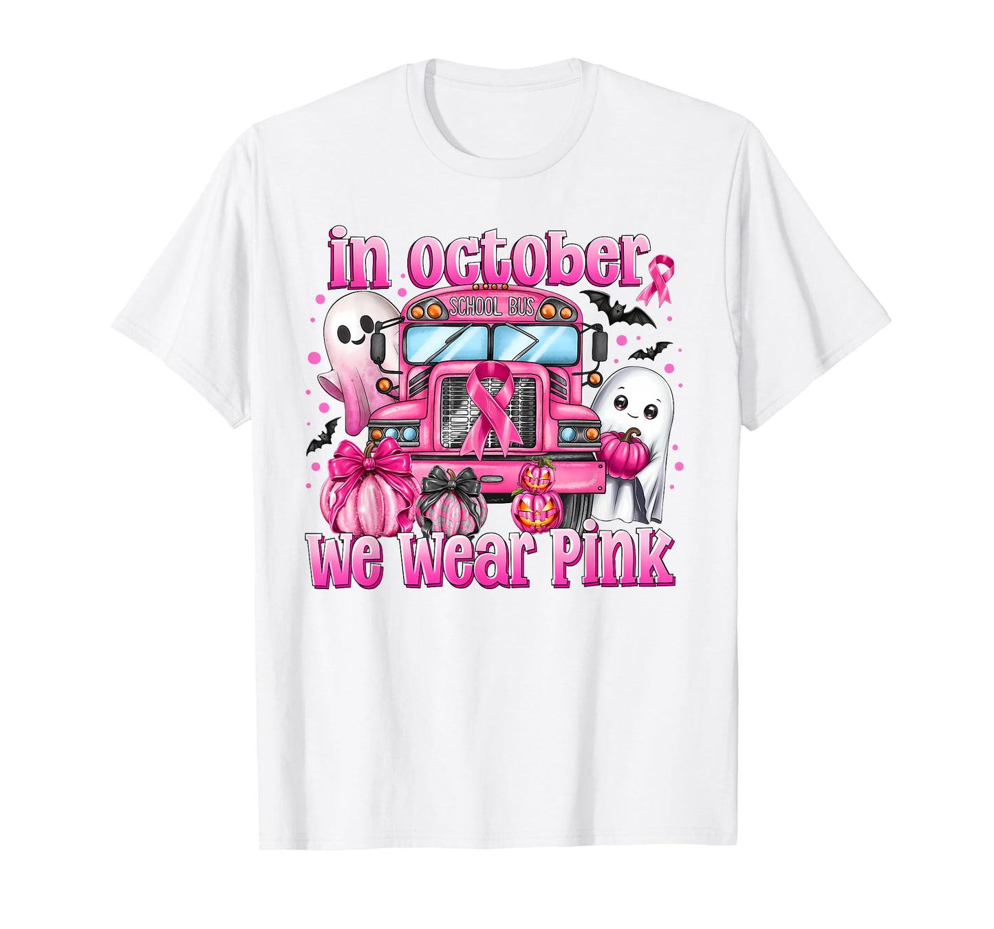 in October We Wear Pink School Bus Breast Cancer Awareness T-Shirt