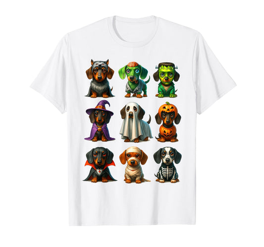 Cute Dachshund Dogs Witch Pumpkin Skeleton Costume Halloween T-Shirt