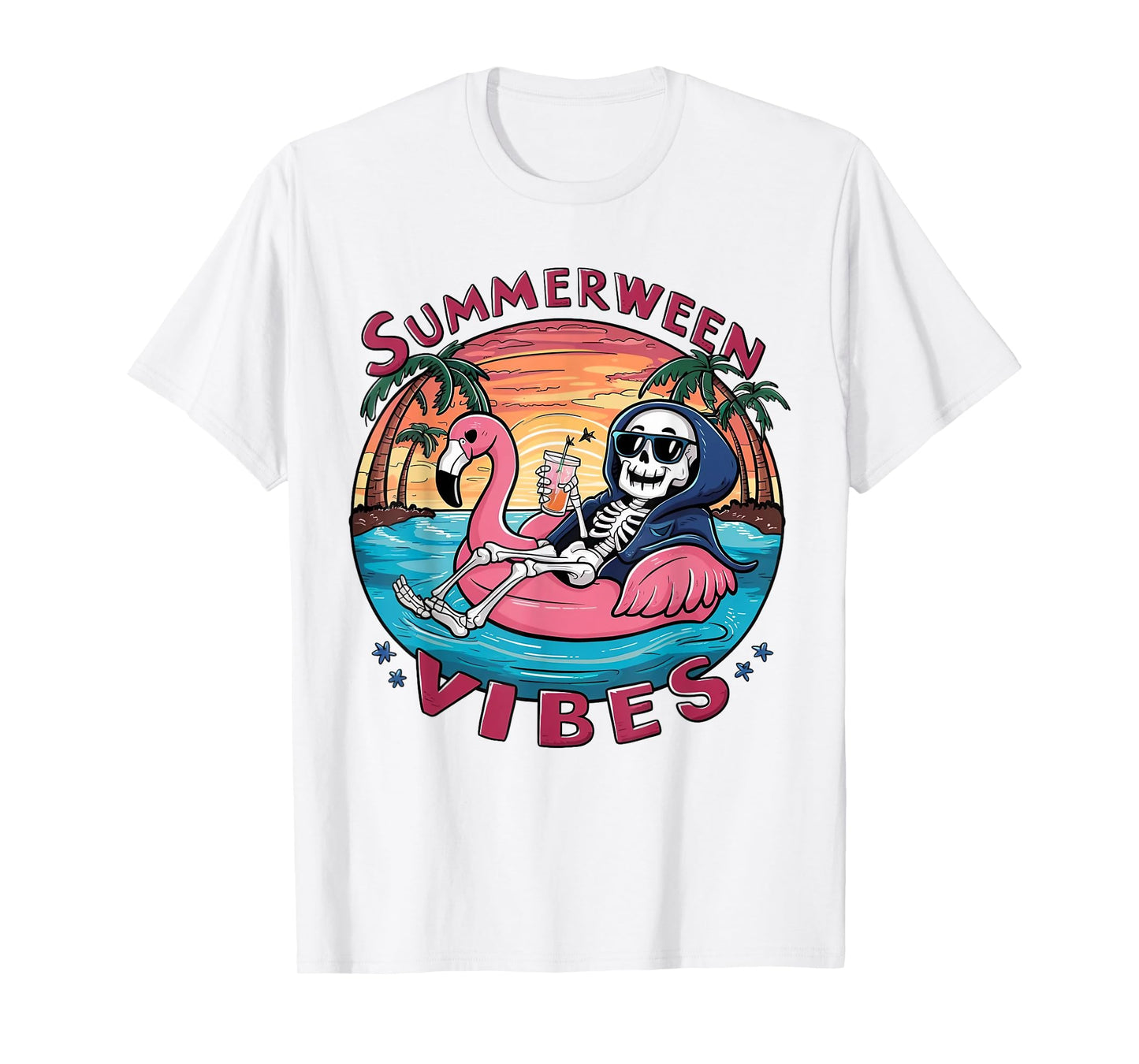 Summerween Vibes Halloween Summer Fun Flamingo Skeleton T-Shirt