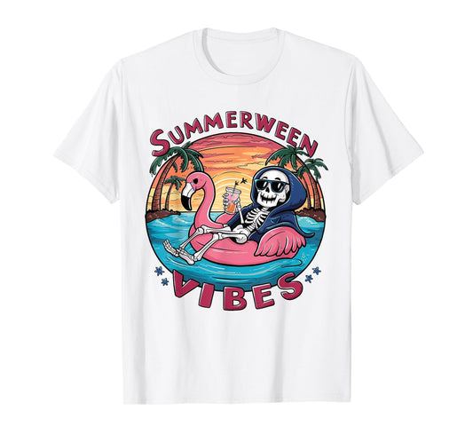 Summerween Vibes Halloween Summer Fun Flamingo Skeleton T-Shirt