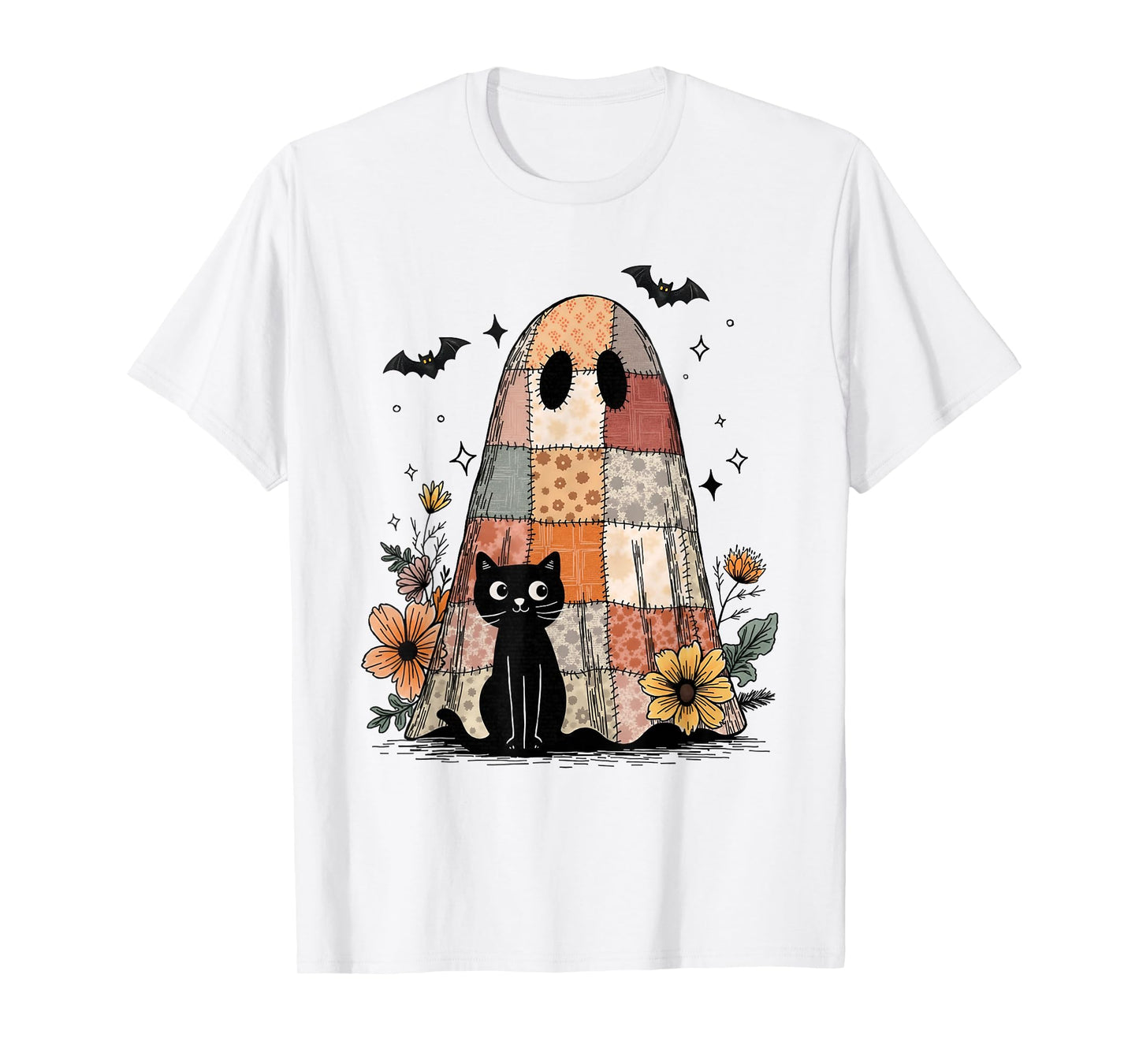Preppy Retro Floral Patchwork Ghost and Black Cat Halloween T-Shirt