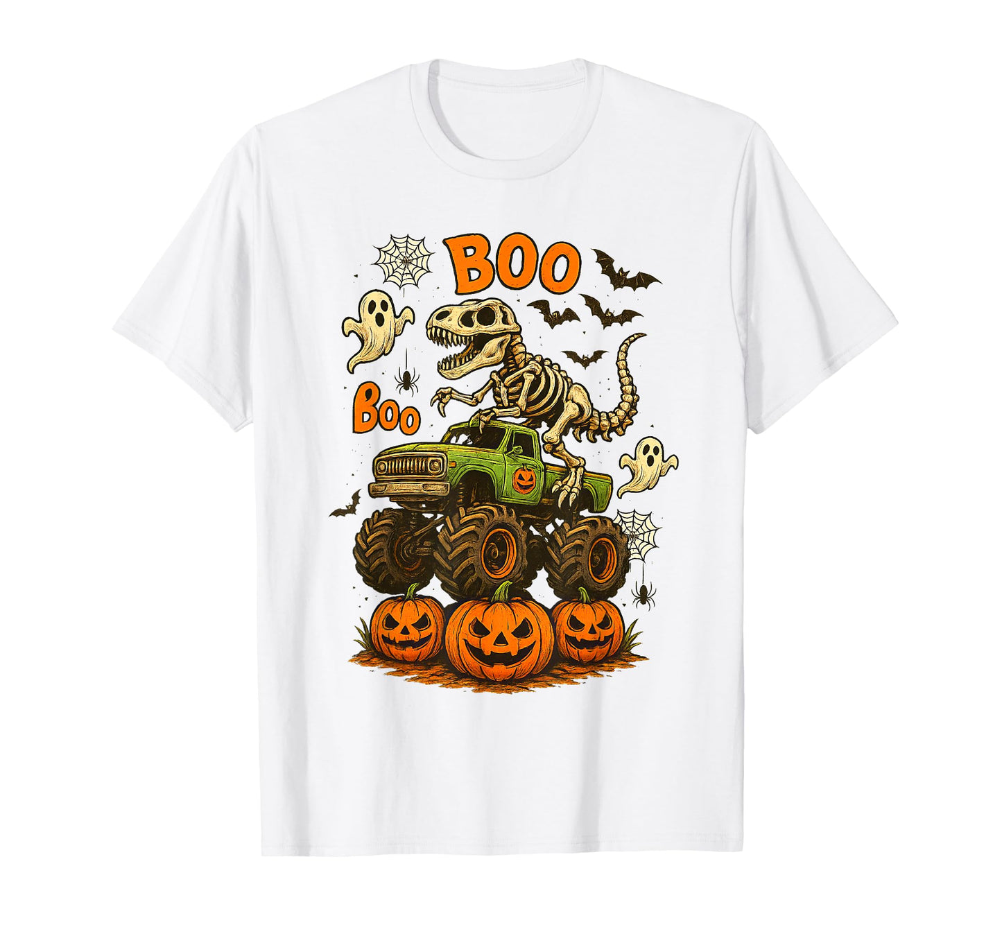Skeleton T Rex Dinosaur Monster Truck Boo Pumpkin Halloween T-Shirt