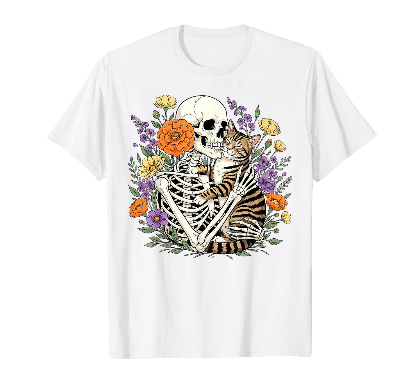 Skeleton Hugging Cat Floral Halloween Cats Lover T-Shirt