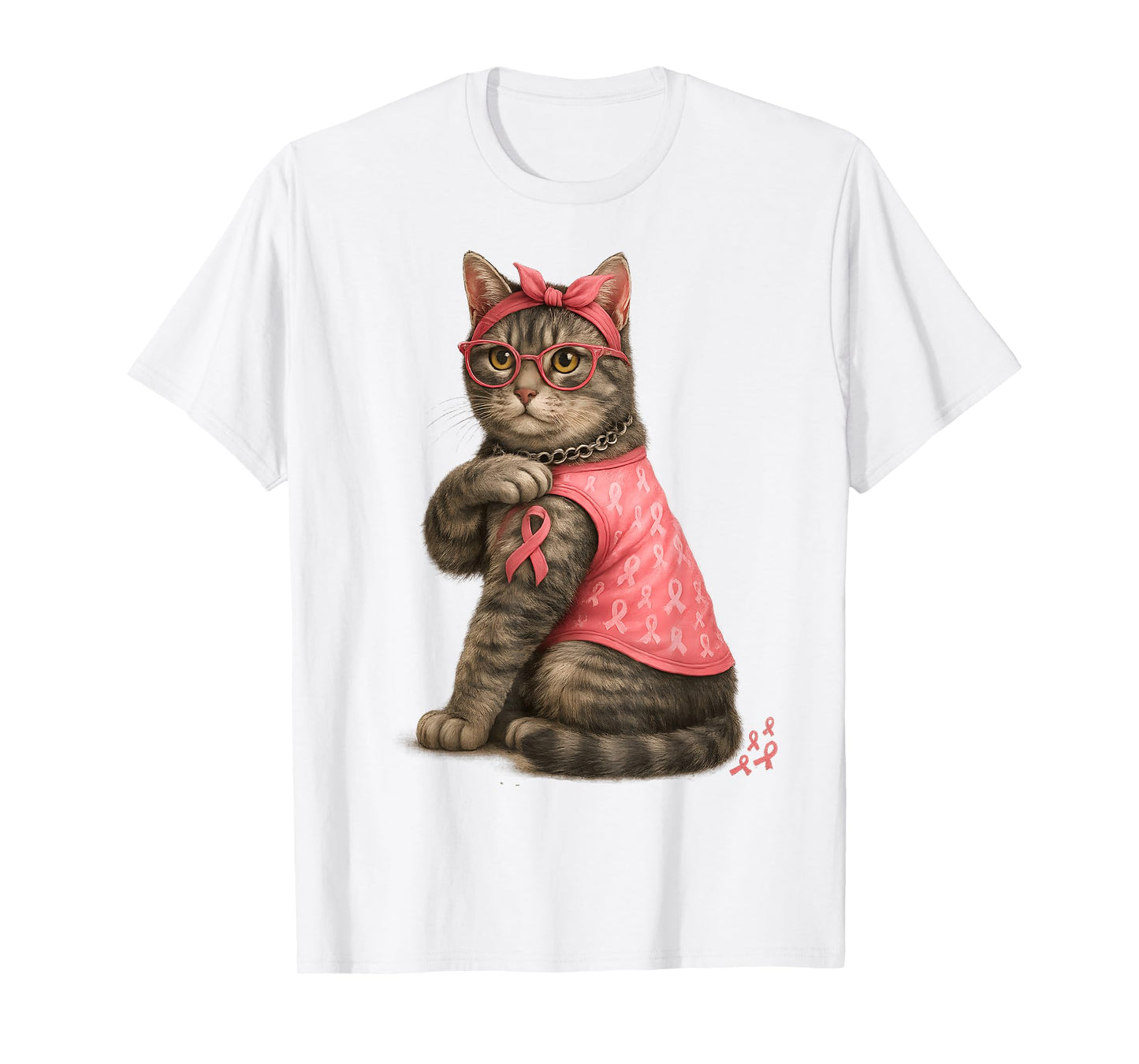 Gray Tabby Cat Pink Ribbon Breast Cancer Awareness Kitty T-Shirt